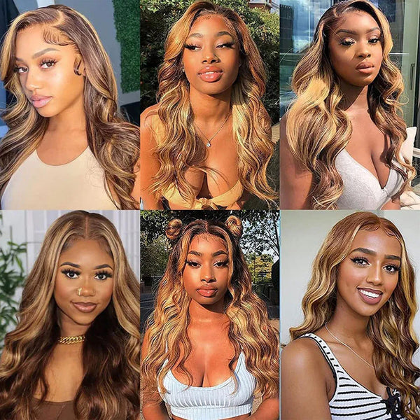 Honey Blonde Highlighted Body Wave Glueless Lace Wig 13x4 Lace Frontal Human Hair Wig