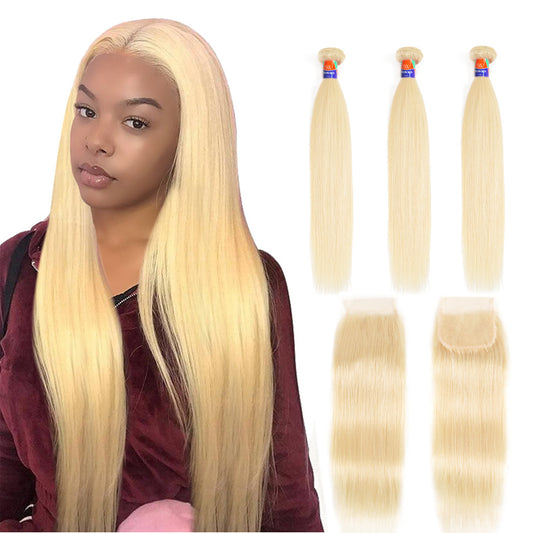 #613 Blonde 3 Bundles with a 4x4 Closure Deals Straight 12-40 inch Human Hair Extensions