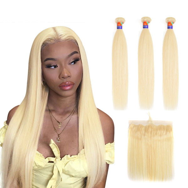 #613 Blonde 3 Bundles with a 13x4 Frontal Deals Straight 12-38 inch 100% Human Hair Extensions