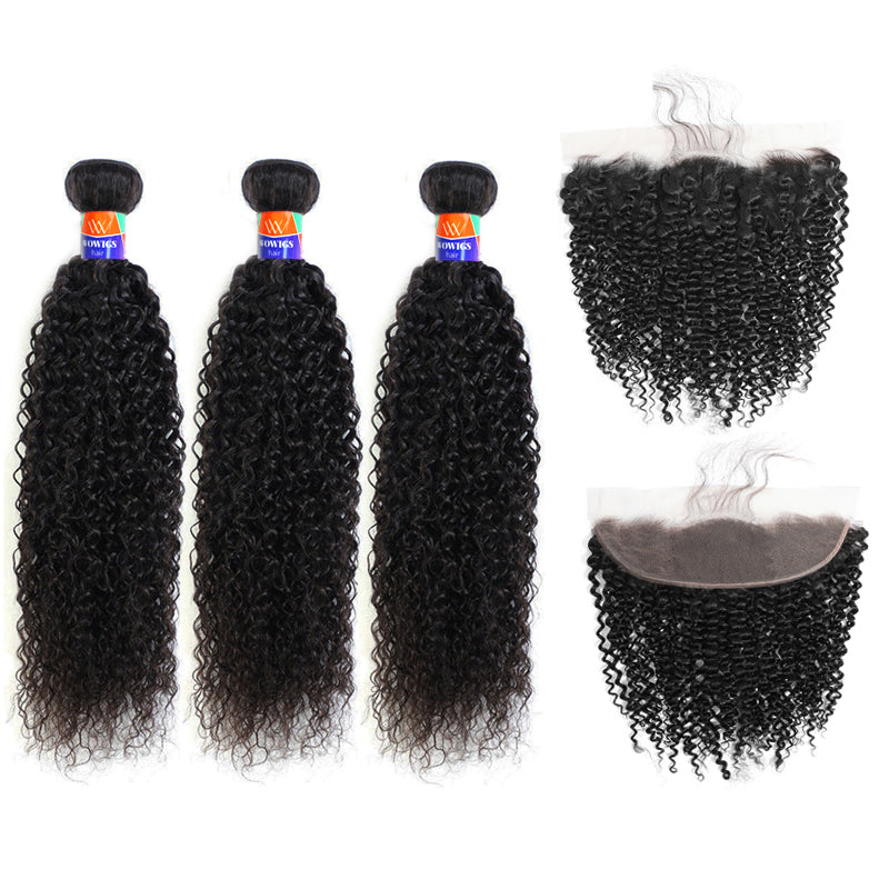 3 Bundles with a 13x4 Frontal Kinky Curly 12-30 inch 100% Unprocessed Virgin Hair Extensions