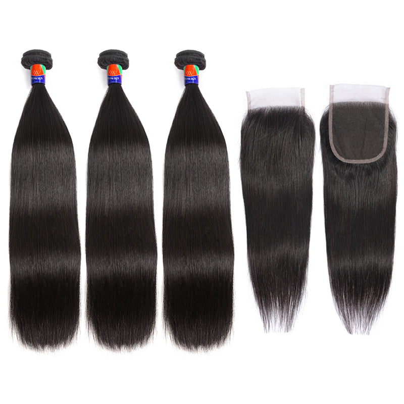 3 Bundles with a 4×4 Lace Closure Straight Hair 12-38 inch Virgin Hair Extensions