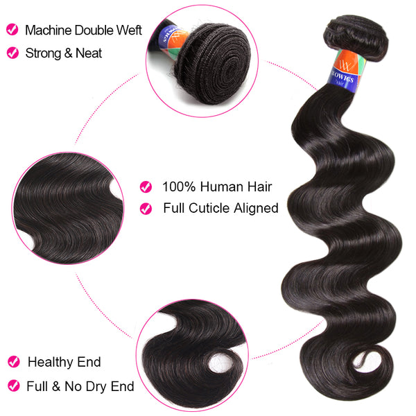 3 Bundles with a 4×4 Lace Closure Body Wave 12-38 inch Virgin Hair Extensions