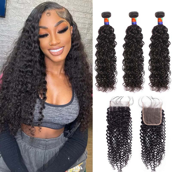 3 Bundles With a 4×4 Lace Closure Curly Hair 12-32 inch Virgin Hair Extensions
