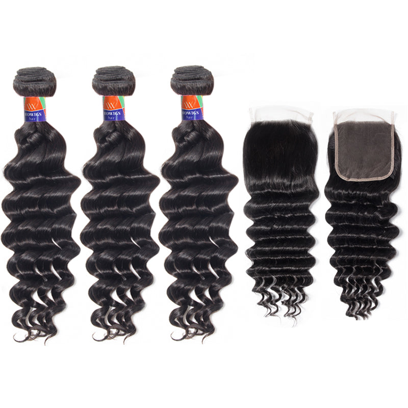 3 Bundles with a 4×4 Lace Closure Deep Wave 12-32 inch Virgin Hair Extensions