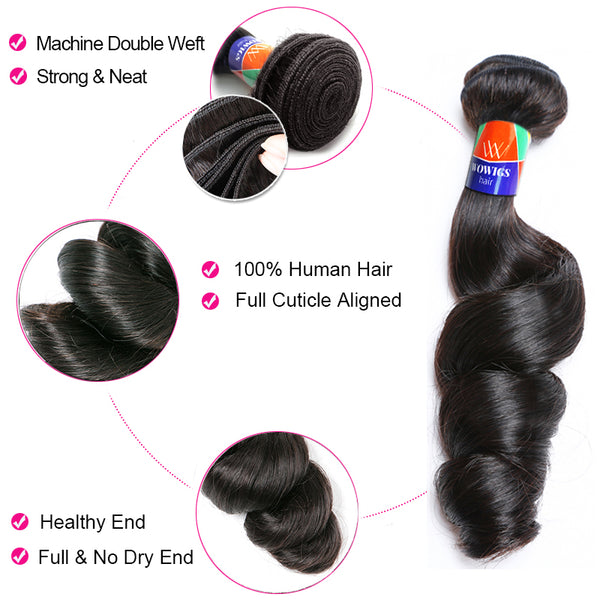 3 Bundles with a 4×4 Lace Closure Loose Wave 12-30 inch Virgin Hair Extensions