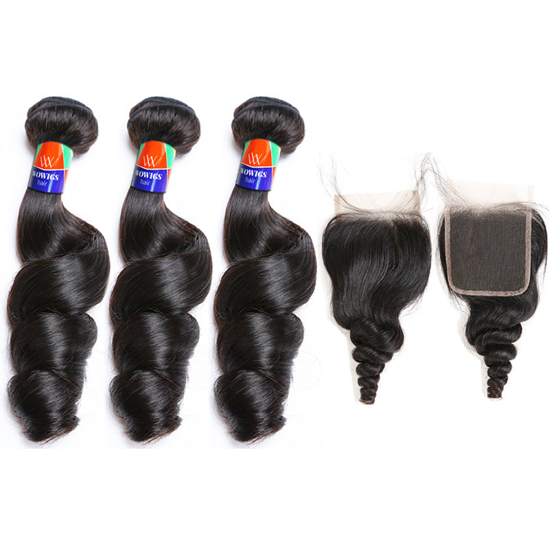 3 Bundles with a 4×4 Lace Closure Loose Wave 12-30 inch Virgin Hair Extensions