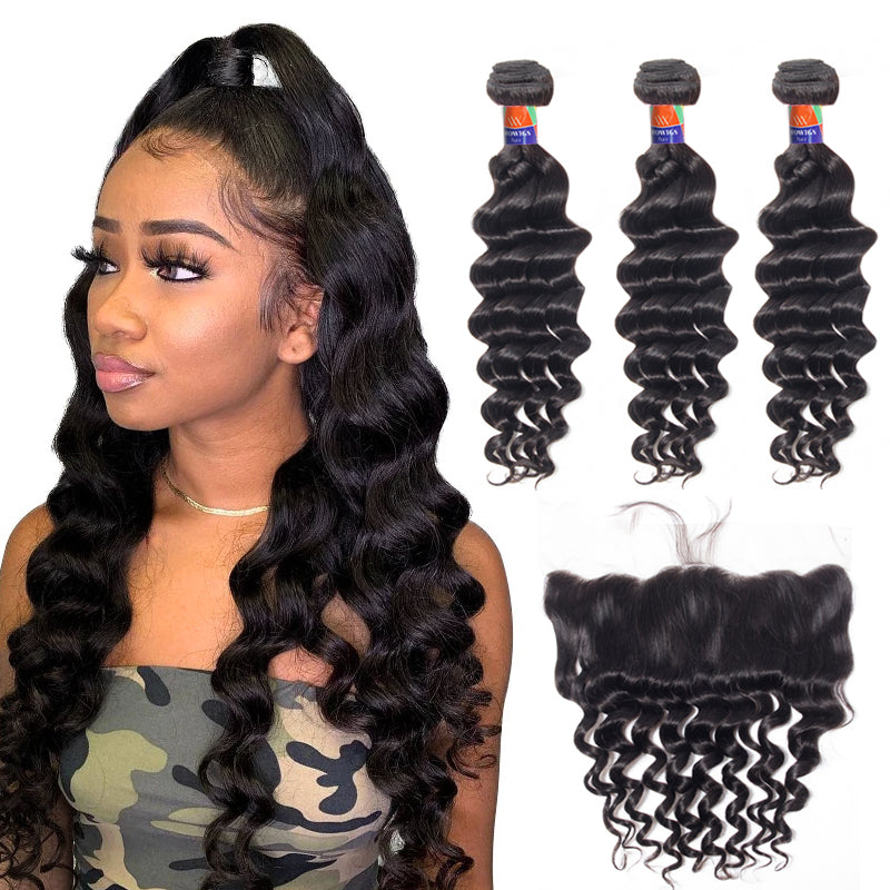 3 Bundles with a 13x4 Frontal Deep Wave 12-32 inch 100% Unprocessed Virgin Hair Extensions