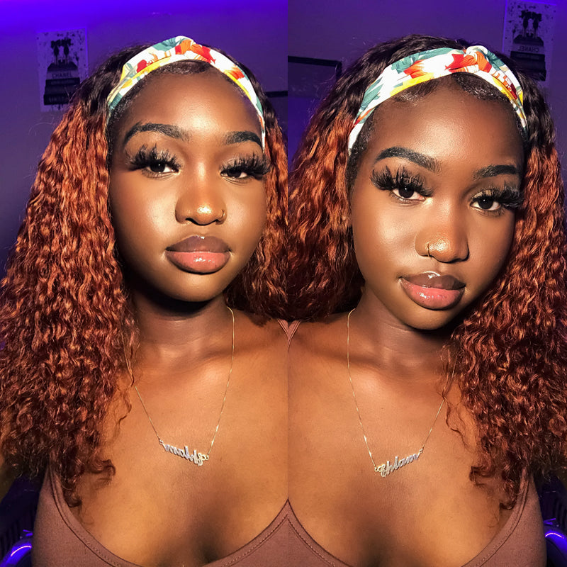 PARIS 🔥Ombre Dark roots Coffee Curly Headband Wig 100% Human Hair