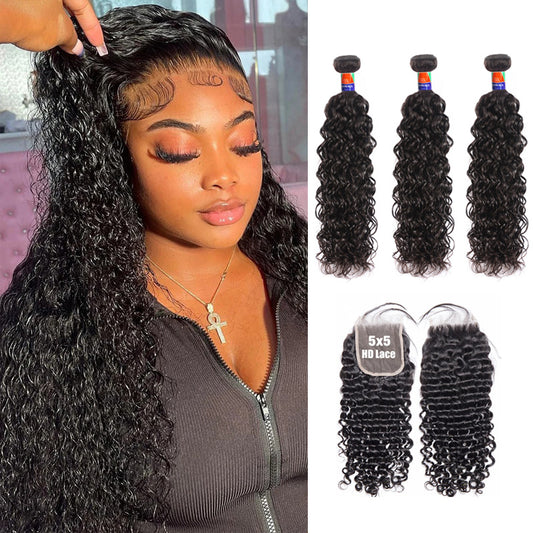 3 Bundles with a 5x5 HD Lace Closure Curly Hair 12-32 inch 100% Unprocessed Virgin Hair Extensions