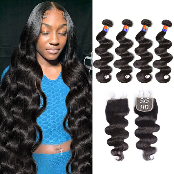 4 Bundles with a 5x5 HD Lace Closure Body Wave Virgin Hair Extensions