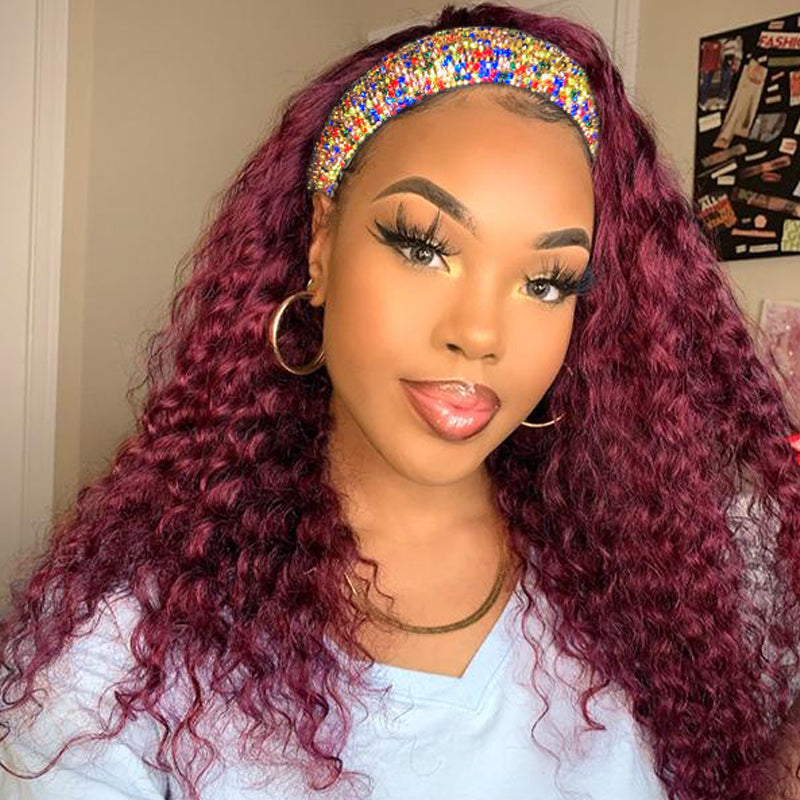 Burgundy Curly Headband Wig Human Hair Wig🎁OCTOBER SPECIALS