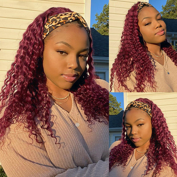 Burgundy Curly Headband Wig Human Hair Wig🎁OCTOBER SPECIALS