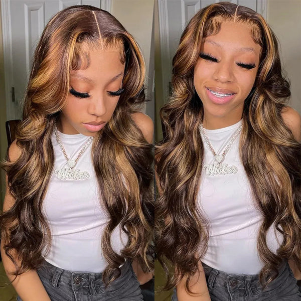 Honey Blonde Highlighted Body Wave Glueless Lace Wig 13x4 Lace Frontal Human Hair Wig