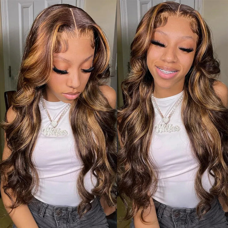 Honey Blonde Highlighted Body Wave Glueless Lace Wig 13x4 Lace Frontal Human Hair Wig