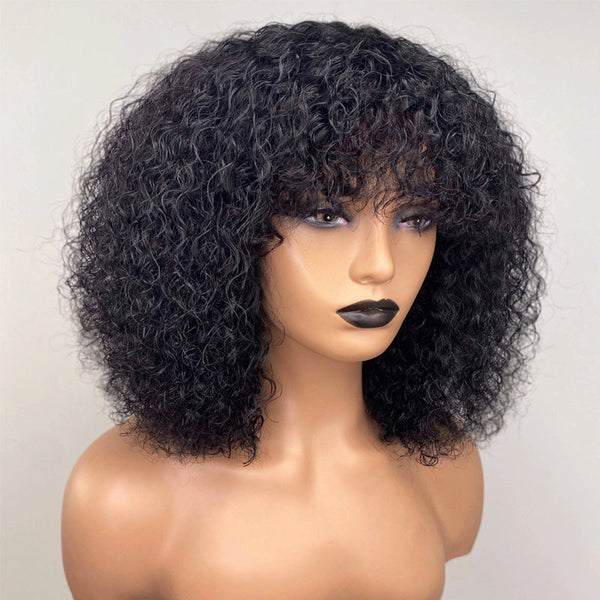 Curly Wig with Bangs Full Machine Made Wig 100% Human Hair Wig 🎁OCTOBER SPECIALS
