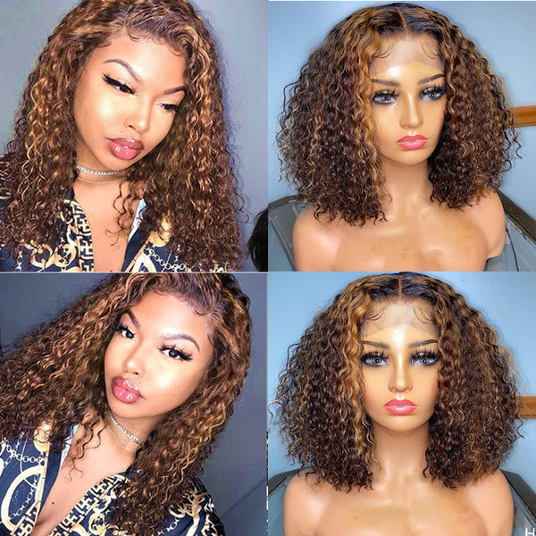 STELLA - Honey Blonde Highlighted Curly Bob Wigs 100% Human Hair Short Bob Wet Curly Lace Wig