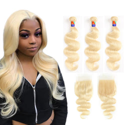 #613 Blonde 3 Bundles with a 4x4 Closure Deals Body Wave 12-38 inch Human Hair Extensions