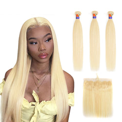 #613 Blonde 3 Bundles with a 13x4 Frontal Deals Straight 12-38 inch 100% Human Hair Extensions