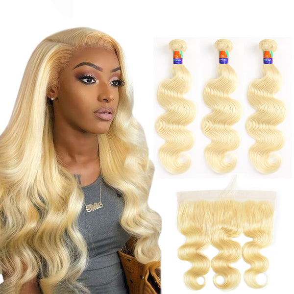 #613 Blonde 3 Bundles with a 13x4 Frontal Body Wave 12-38 inch 100% Human Hair Extensions
