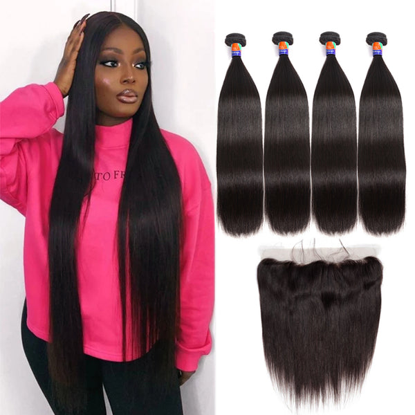 38“ 4 Bundles With a 13x4 Lace Frontal Straight Hair Virgin Hair Extensions
