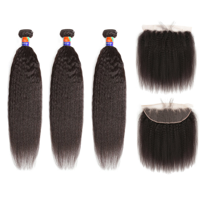 3 Bundles with a 13x4 Frontal Kinky Straight 12-30 inch 100% Unprocessed Virgin Hair Extensions