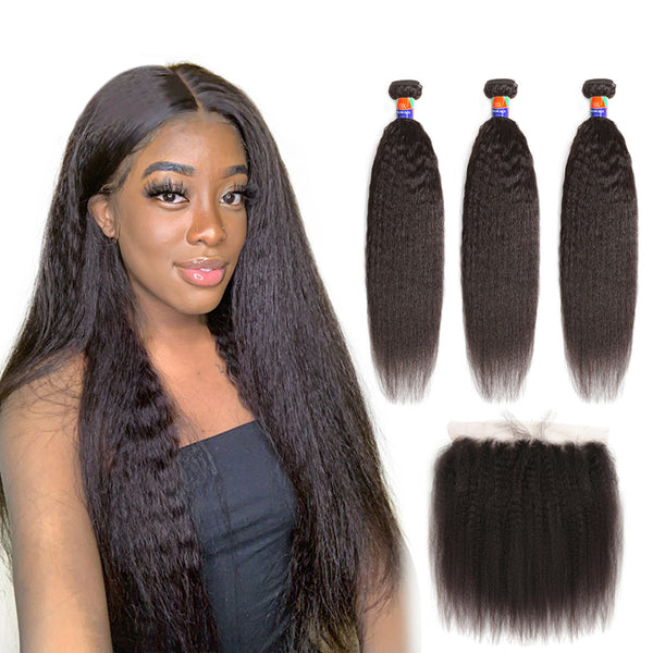 3 Bundles with a 13x4 Frontal Kinky Straight 12-30 inch 100% Unprocessed Virgin Hair Extensions
