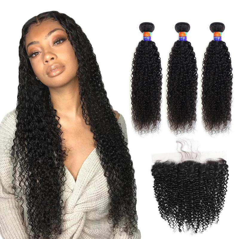 3 Bundles with a 13x4 Frontal Kinky Curly 12-30 inch 100% Unprocessed Virgin Hair Extensions
