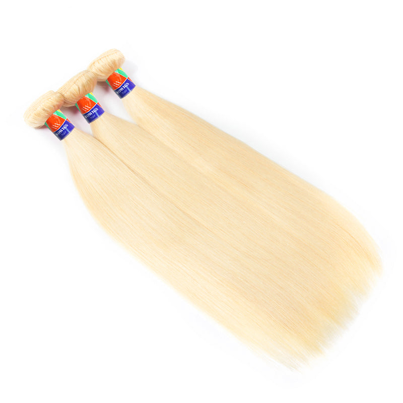 #613 Blonde 3 Bundles with a 4x4 Closure Deals Straight 12-38 inch Human Hair Extensions