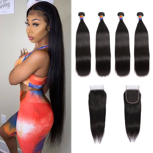 38“ 4 Bundles With a 4x4 Lace Closure Straight Hair Virgin Hair Extensions