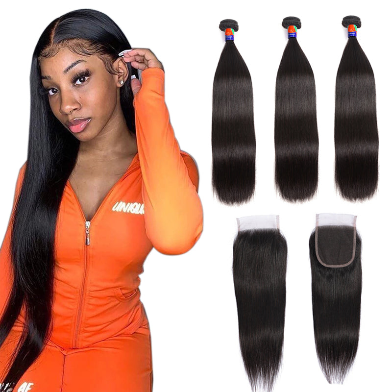 3 Bundles with a 4×4 Lace Closure Straight Hair 12-38 inch Virgin Hair Extensions