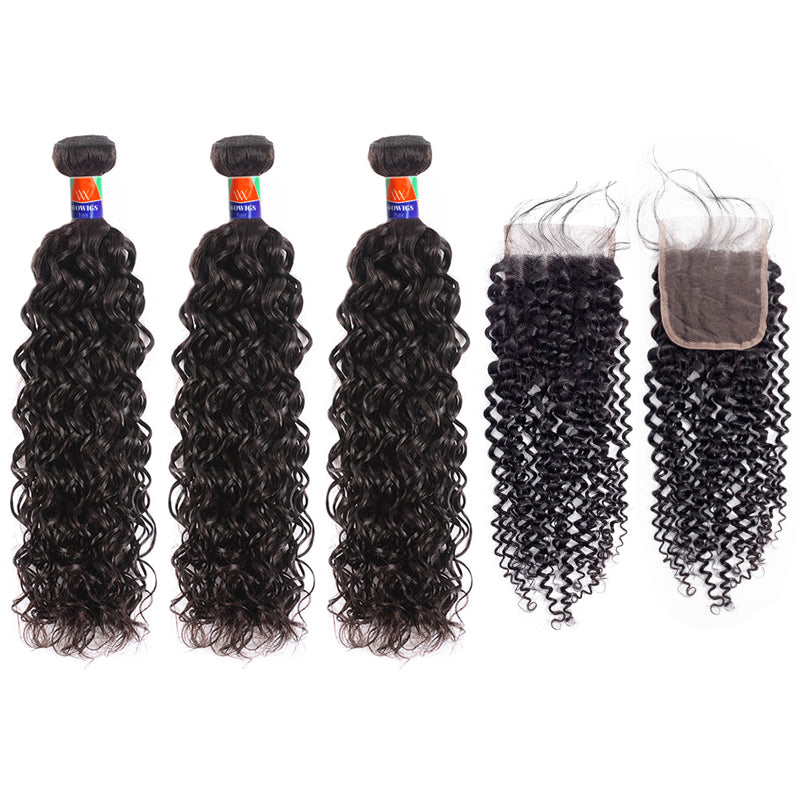 3 Bundles With a 4×4 Lace Closure Curly Hair 12-32 inch Virgin Hair Extensions