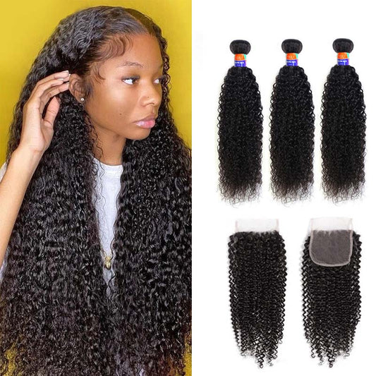 3 Bundles with a 4×4 Lace Closure Kinky Curly 12-30 inch Virgin Hair Extensions