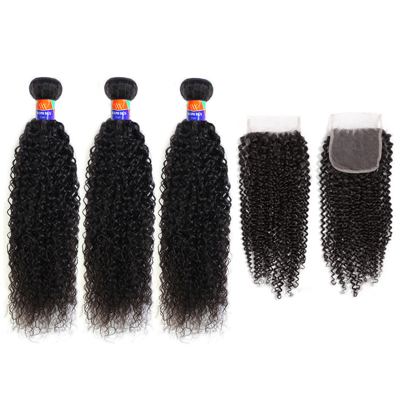 3 Bundles with a 4×4 Lace Closure Kinky Curly 12-30 inch Virgin Hair Extensions