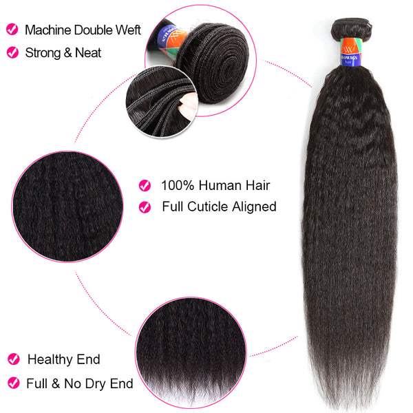 3 Bundles with a 4×4 Lace Closure Kinky Straight 12-30 inch Virgin Hair Extensions