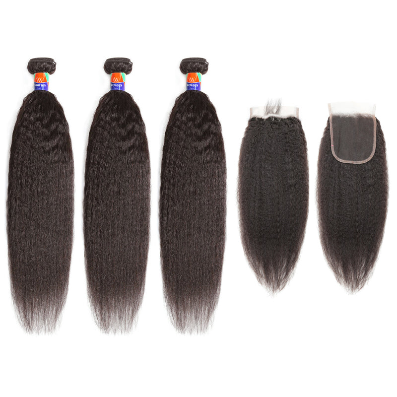 3 Bundles with a 4×4 Lace Closure Kinky Straight 12-30 inch Virgin Hair Extensions