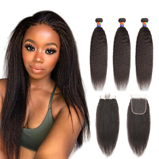 3 Bundles with a 4×4 Lace Closure Kinky Straight 12-30 inch Virgin Hair Extensions