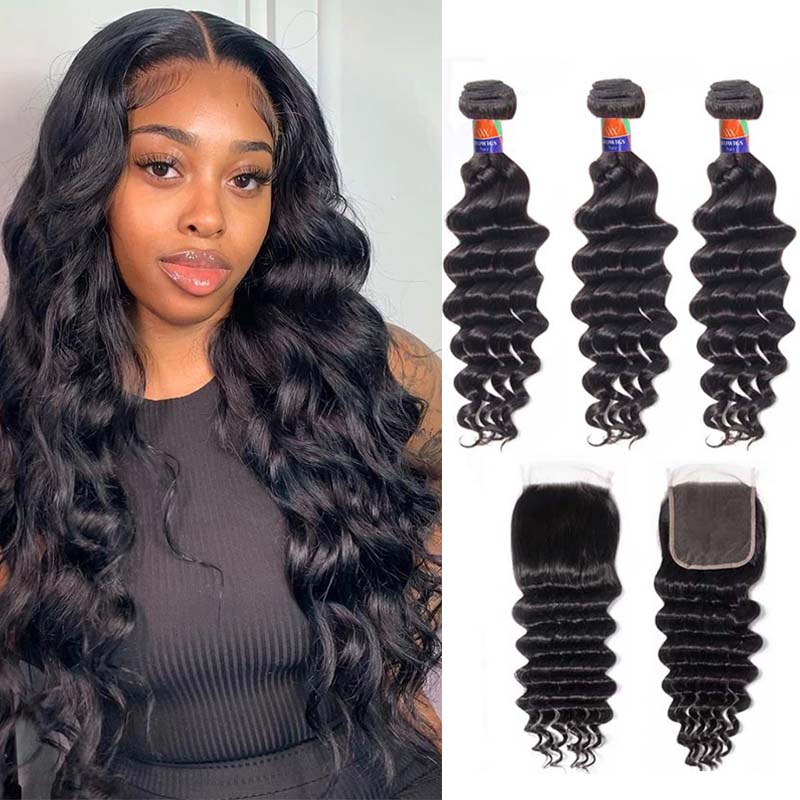 3 Bundles with a 4×4 Lace Closure Deep Wave 12-32 inch Virgin Hair Extensions