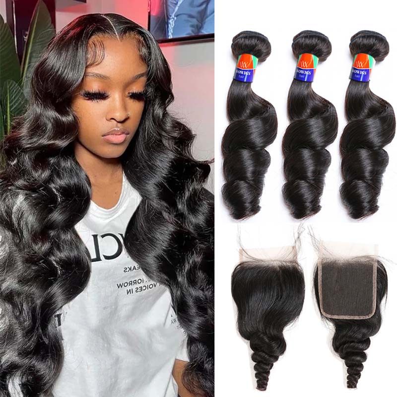 3 Bundles with a 4×4 Lace Closure Loose Wave 12-30 inch Virgin Hair Extensions