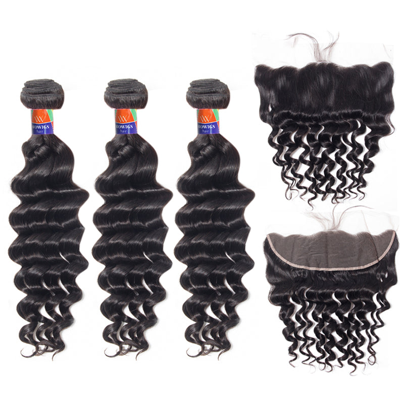 3 Bundles with a 13x4 Frontal Deep Wave 12-32 inch 100% Unprocessed Virgin Hair Extensions