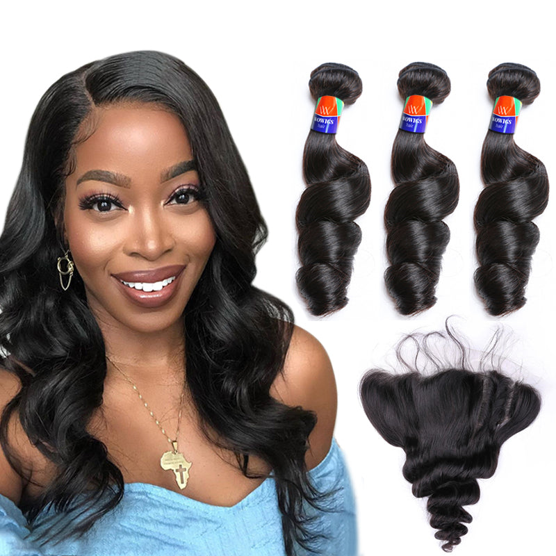 3 Bundles with a 13x4 Frontal Loose Wave 12-30 inch 100% Unprocessed Virgin Hair Extensions