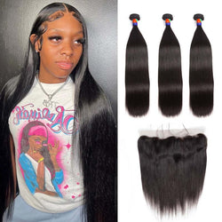 3 Bundles with a 13x4 Frontal Straight Hair 12-38 inch 100% Unprocessed Virgin Hair Extensions