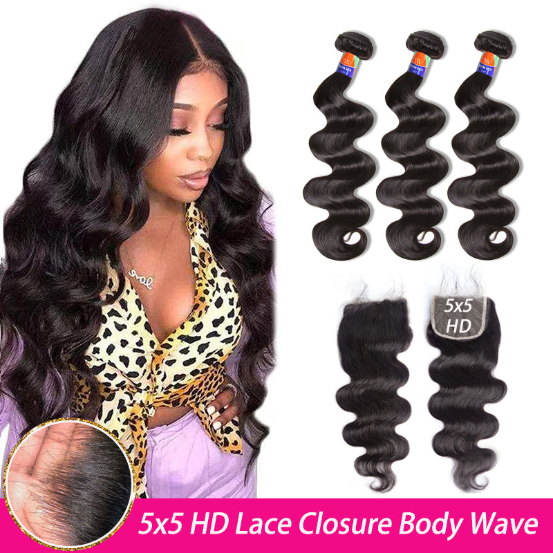 3 Bundles with a 5x5 HD Lace Closure Body Wave 12-38 inch 100% Unprocessed Virgin Hair Extensions