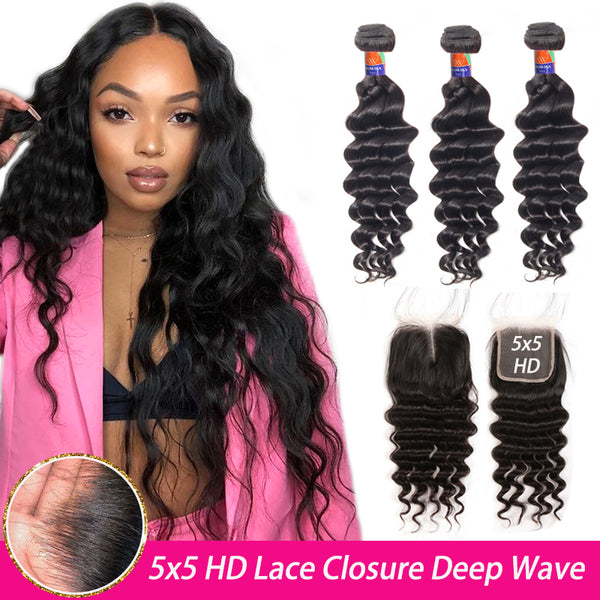 3 Bundles with a 5x5 HD Lace Closure Deep Wave 12-32 inch 100% Unprocessed Virgin Hair Extensions