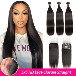 3 Bundles with a 5x5 HD Lace Closure Straight Hair 12-38 inch 100% Unprocessed Virgin Hair Extensions