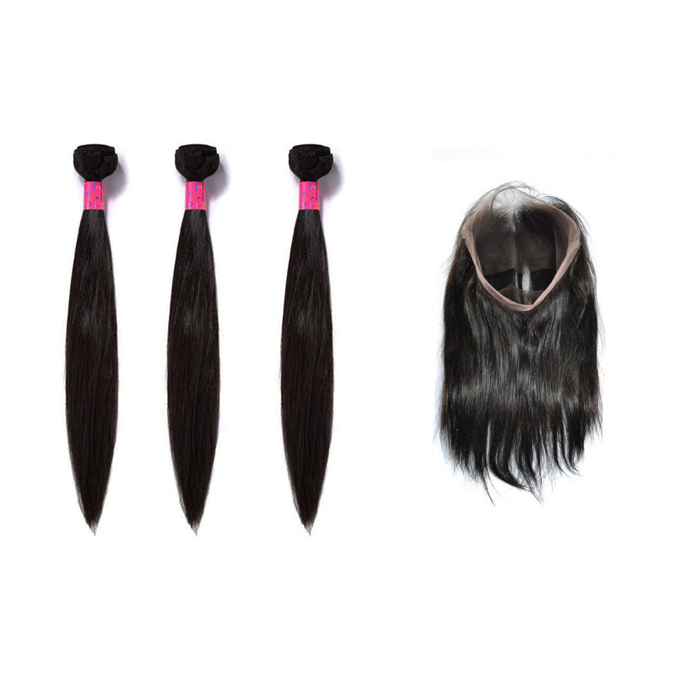 3 Bundles With 360 Frontal Straight Hair 100% Unprocessed Virgin Hair Extensions