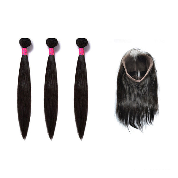 3 Bundles With 360 Frontal Straight Hair 100% Unprocessed Virgin Hair Extensions