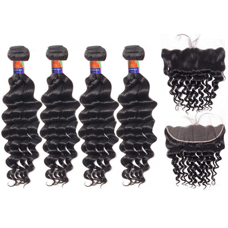 4 Bundles With a 13x4 Lace Frontal Deep Wave Hair Virgin Hair Extensions