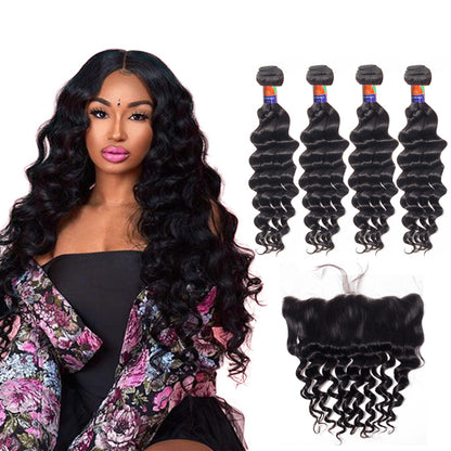 4 Bundles With a 13x4 Lace Frontal Deep Wave Hair Virgin Hair Extensions