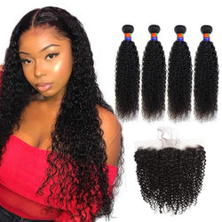 4 Bundles With a 13x4 Lace Frontal Kinky Curly Hair Virgin Hair Extensions