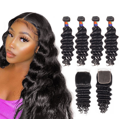 4 Bundles With a 4x4 Lace Closure Deep Wave Hair Virgin Hair Extensions